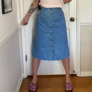 70s Vintage A Line Midi Length Button Denim Skirt